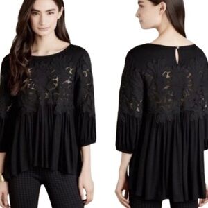 Anthropologie Deletta Desi guipure lace and stretch knit flowy top black S